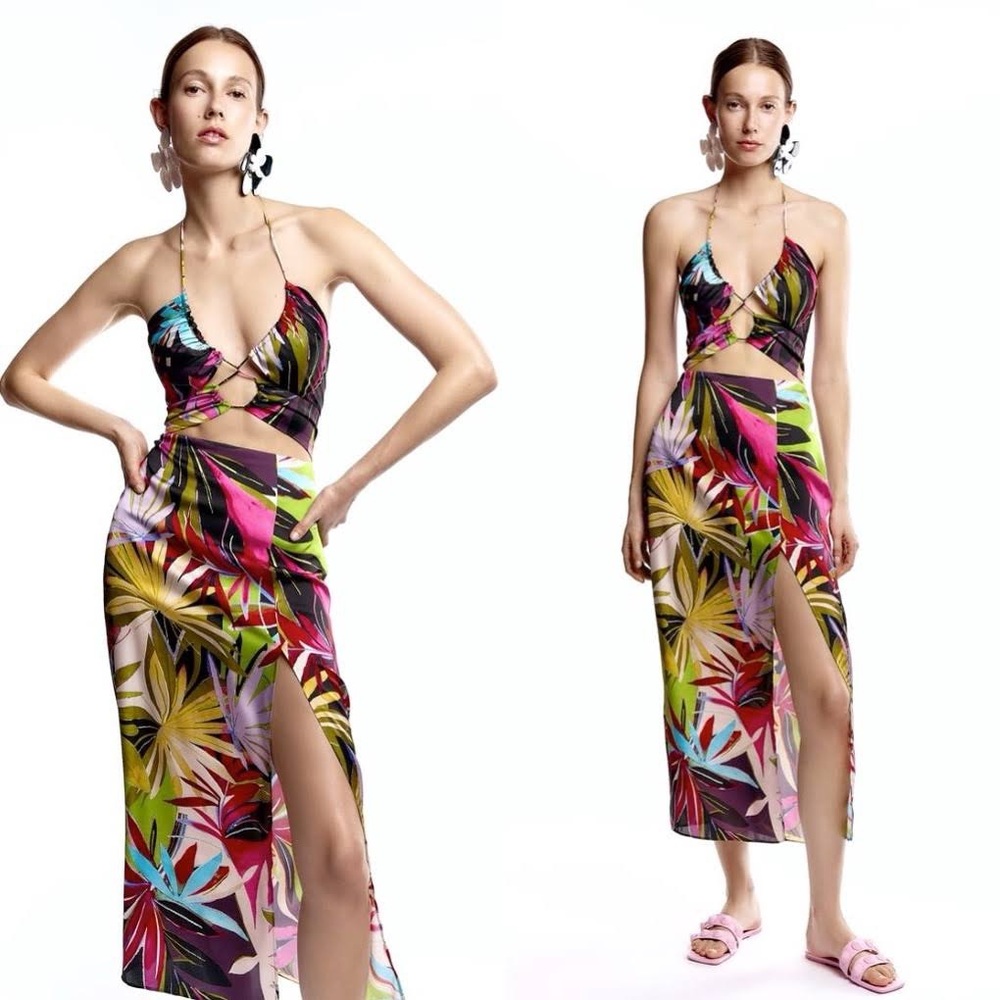 Zara Tropical Print Cutout Dress